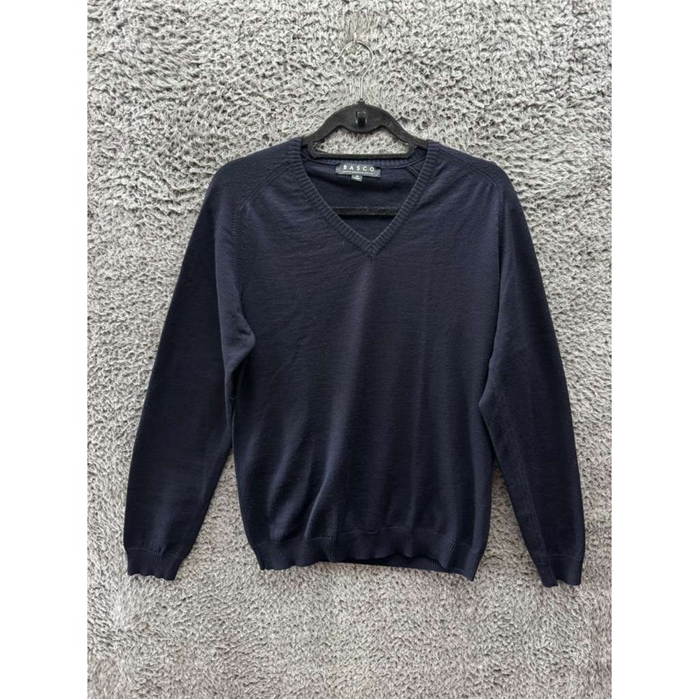 Basco Knitted Wool V Neck Long Sleeve‎ Pullover Sweater Navy Mens Size M